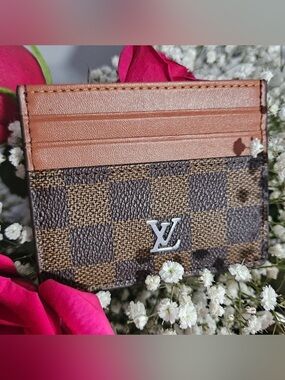 Fashion Brown Tan Card Holder with Silver Logo